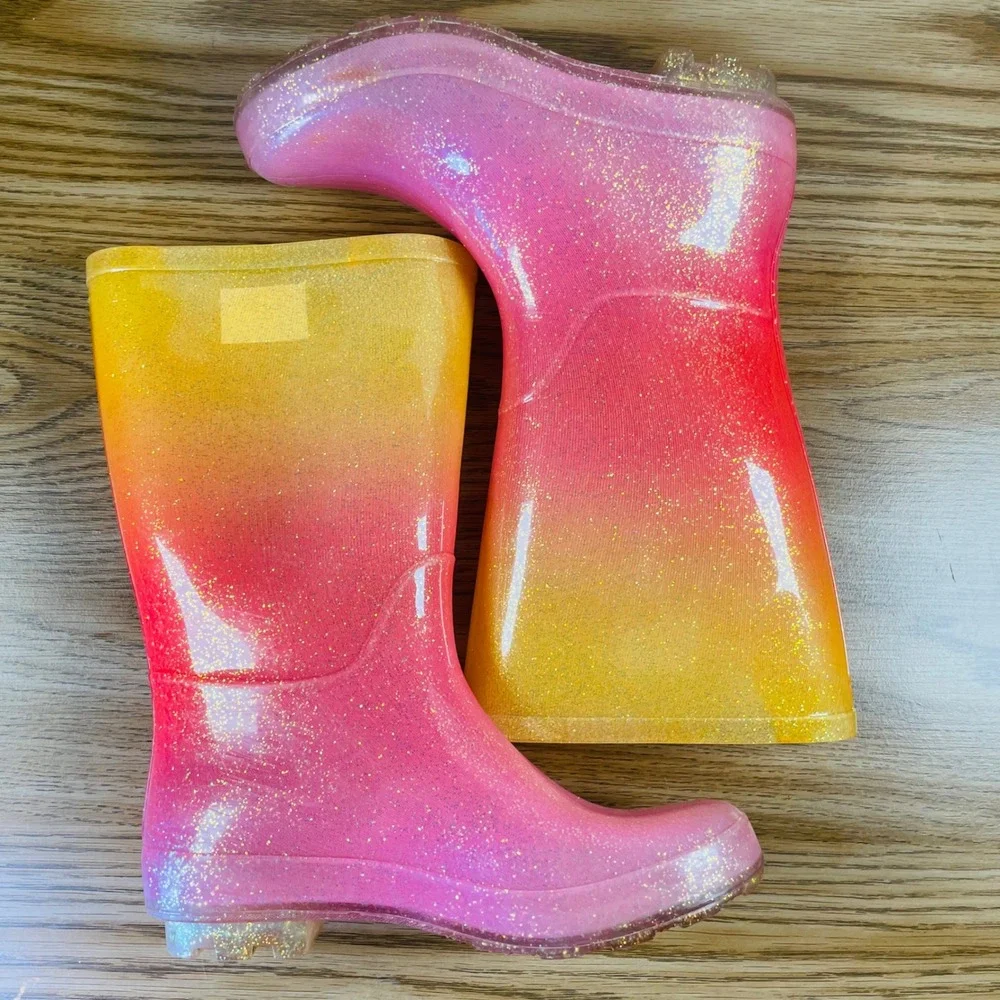 Kids Ombre Glitter Rain Boots Pink Orange Rainbow‎ Size 3 Tall Waterproof Play
